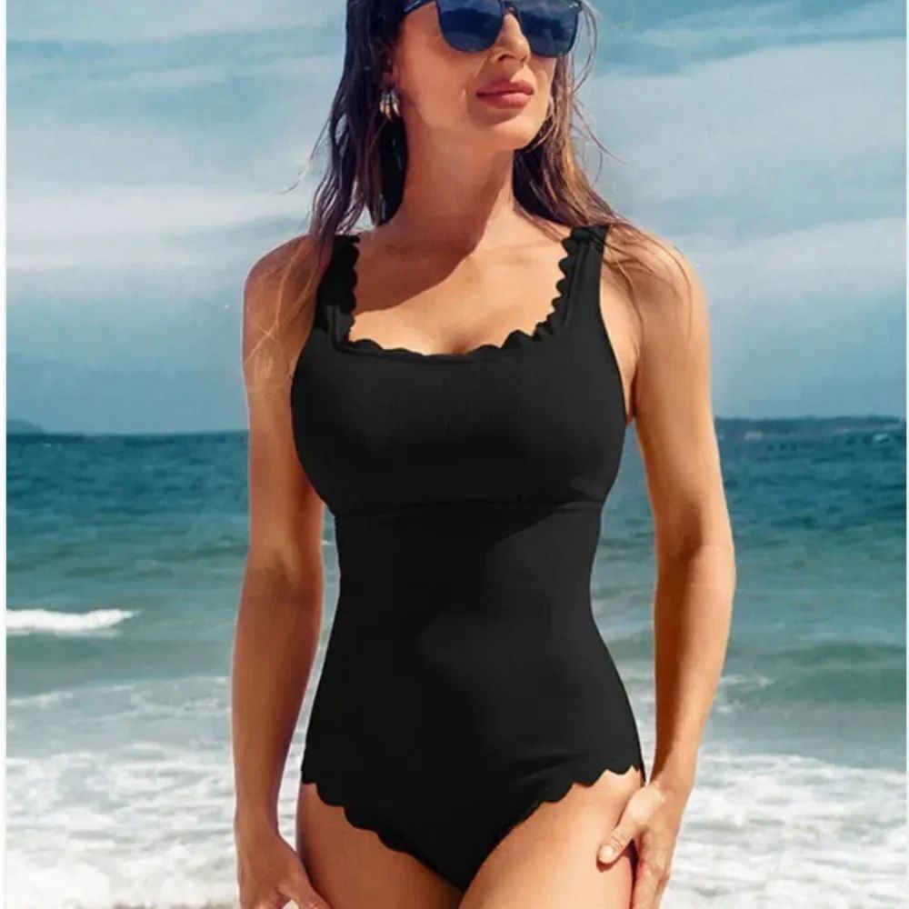 Charmo Women’s Black Scalloped Swimsuit One Piece Square Neck SPF50+ Size M NWT